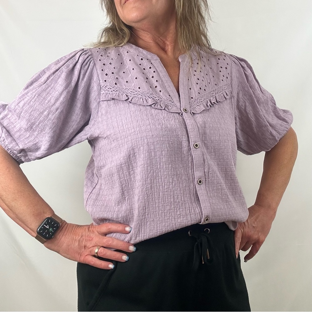 KNOX ROSE BALLOON SHORT SLEEVE TEXTURED COTTON TOP WITH DELICATE RUFFLE …
